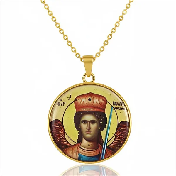 Χειροποίητο Φυλαχτό Ατσάλι Ταξιάρχης Μανταμάδου με Υγρό Γυαλί και Αλυσίδα 50 εκ